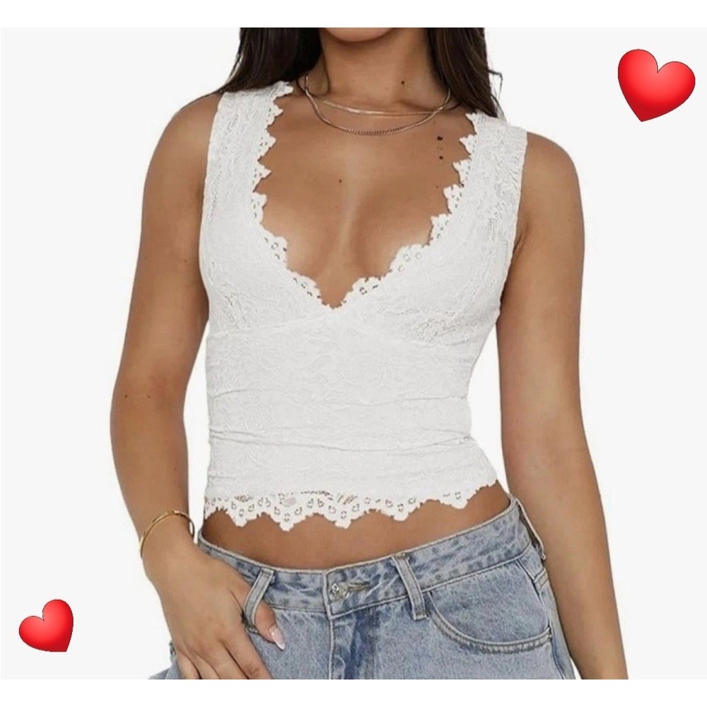 ReoRia White‎ Lace V-Neck Tank Top Size Xl Extra Large Scalloped Hem Crop Top